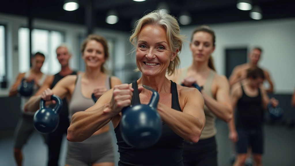 Group of adults aged 40-60 performing CrossFit exercises with kettlebells and barbells in a bright, modern gym studio with natural lighting