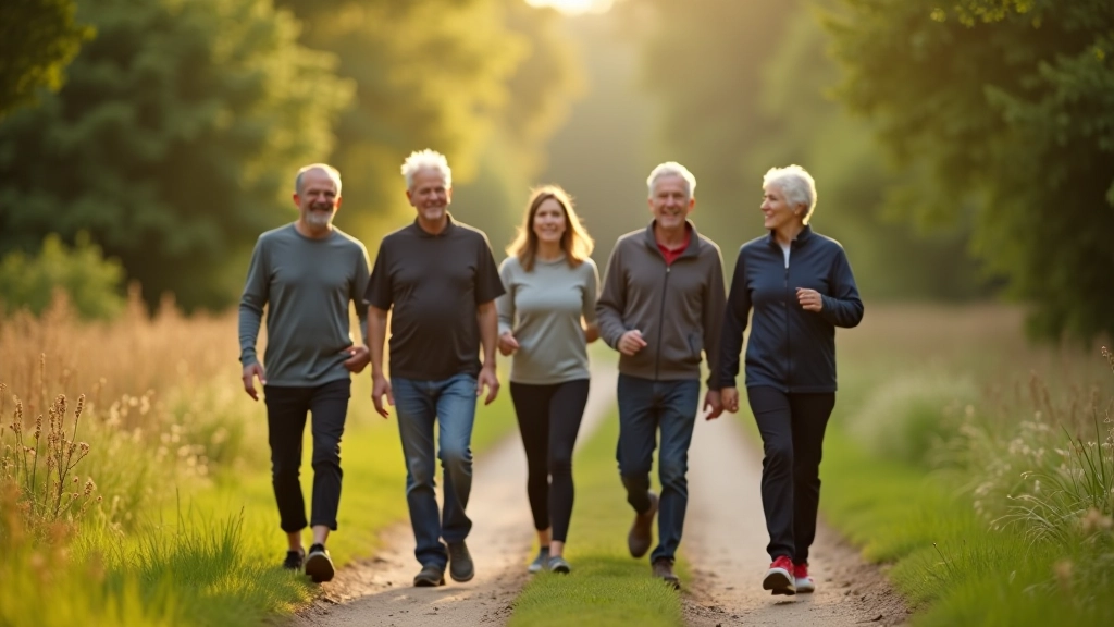 Adults aged 40-60 walking together on a scenic trail, enjoying a guided walking club session