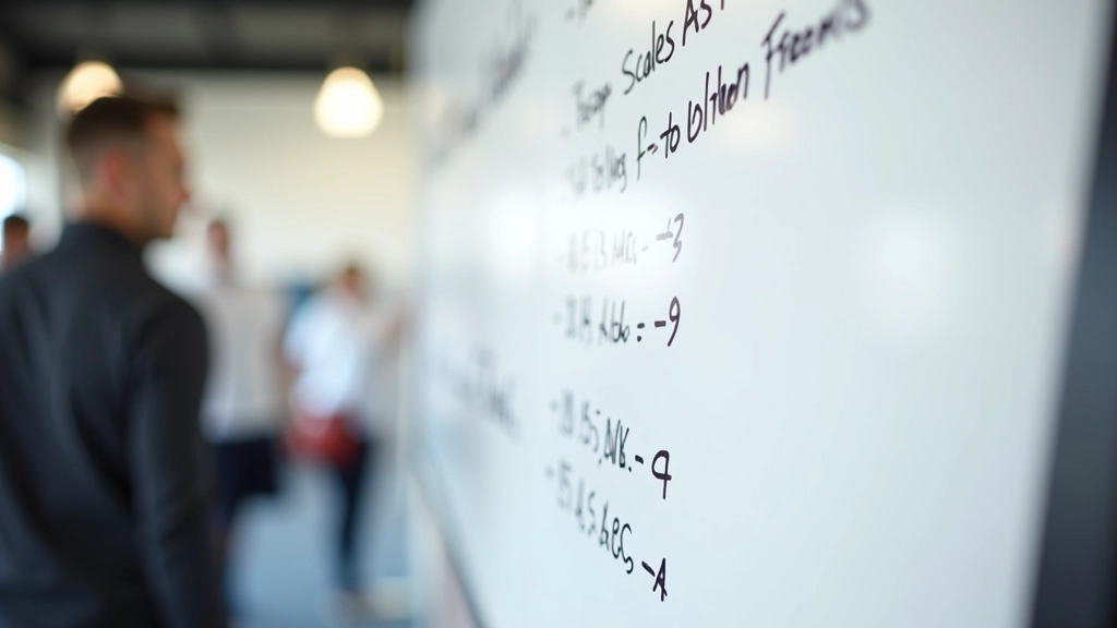 Close-up view of scaling options displayed on a whiteboard, showing different rep ranges, weight modifications, and movement alternatives for a single CrossFit workout