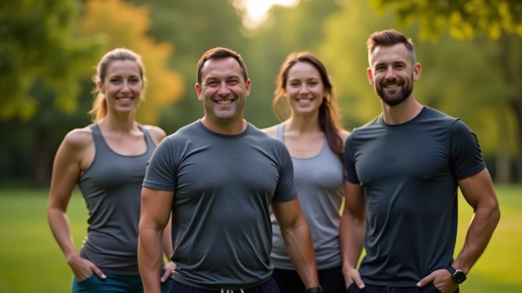 Group of mature adults in athletic wear gathered before starting a fitness challenge session in an outdoor park setting