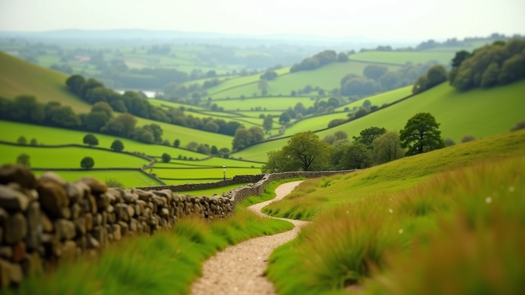 English countryside landscape with rolling hills, stone walls, and a winding footpath through green fields and woodland