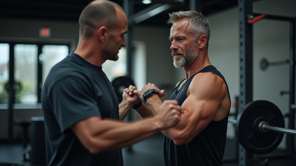 Expert coach providing personalized instruction to mature athlete during training session