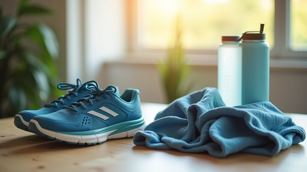 Laid out fitness gear including trainers, water bottle, towel, and athletic clothing on a wooden surface