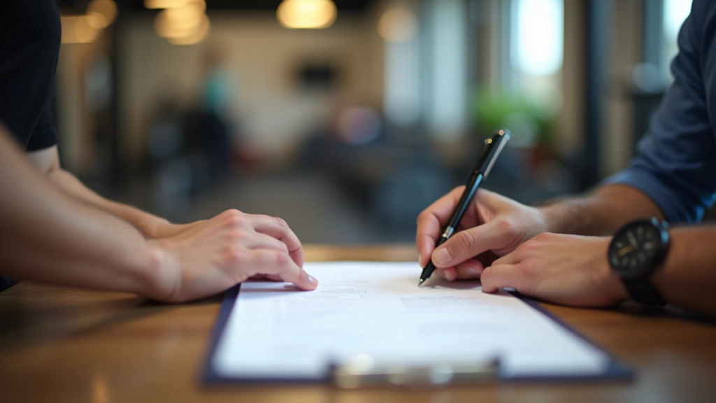 Close-up of hands completing registration form at a fitness venue with a staff member assisting