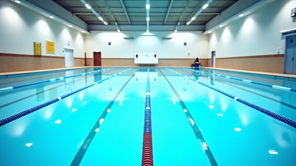 Wide shot of a leisure centre swimming pool showing safety signage, lane dividers, and clear water during a structured training session