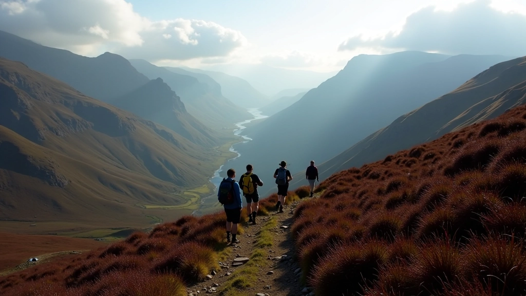 Scottish highlands landscape with mountain peaks, heather moorland, and hikers on a mountain trail with expansive valley views