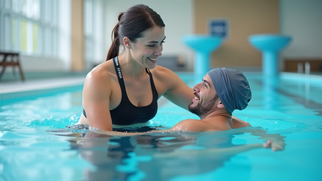 Swimming instructor in pool with an adult swimmer, providing one-on-one technique feedback during training